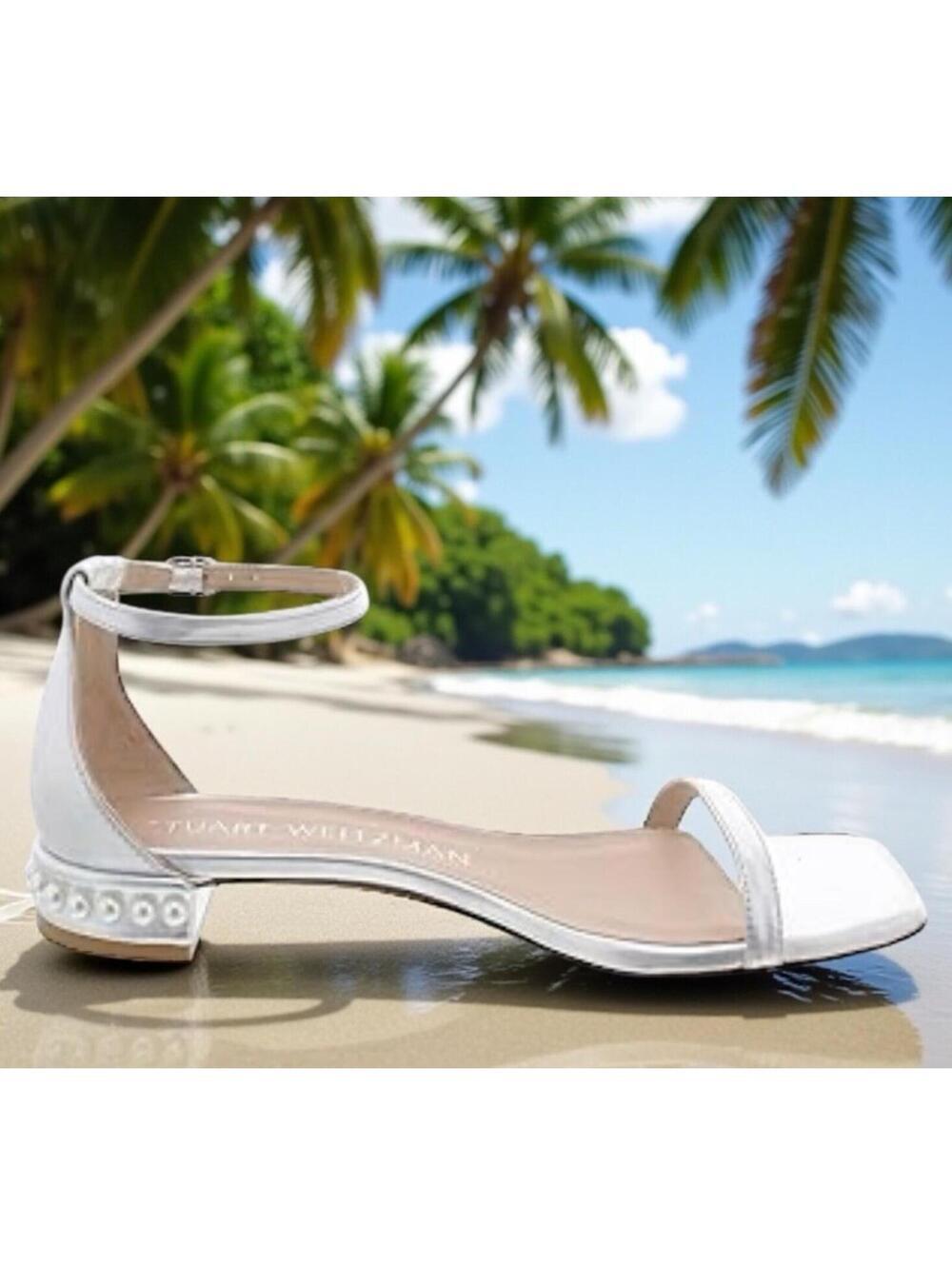$475 Stuart Weitzman Nudistcurve Pearl Flat Sandal White 7 B